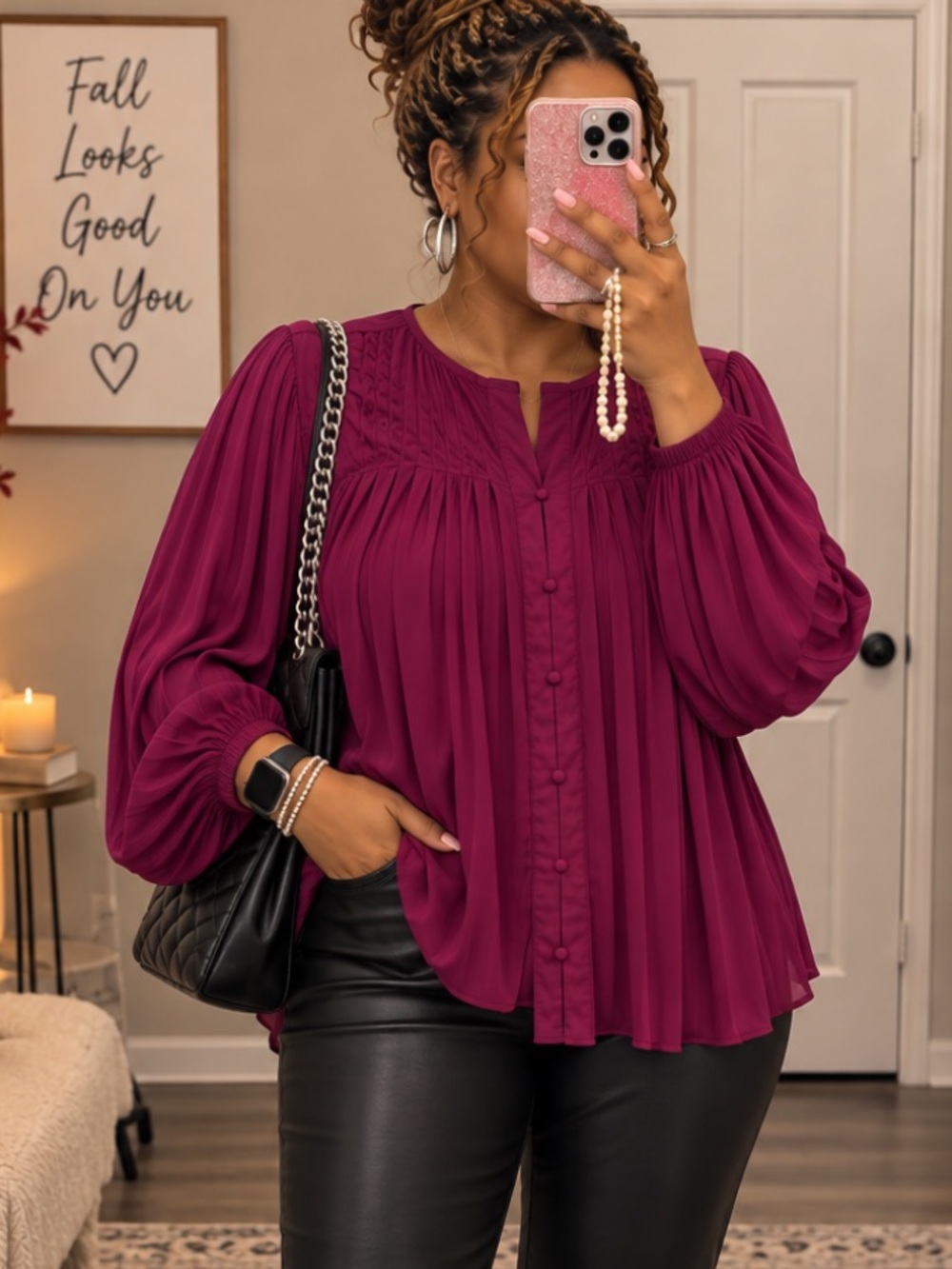 Cute Fall Top Pleated Long-Sleeve Blouse in Berry